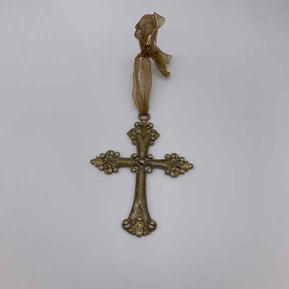 Vtg. Decorative Cream Beige Ornate Rhinestones & Pearl Metal Cross Ornament - Picture 2 of 8